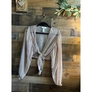 Saints & Hearts Rose Gold Metallic Sheer Tie-Front Crop Top Size Large